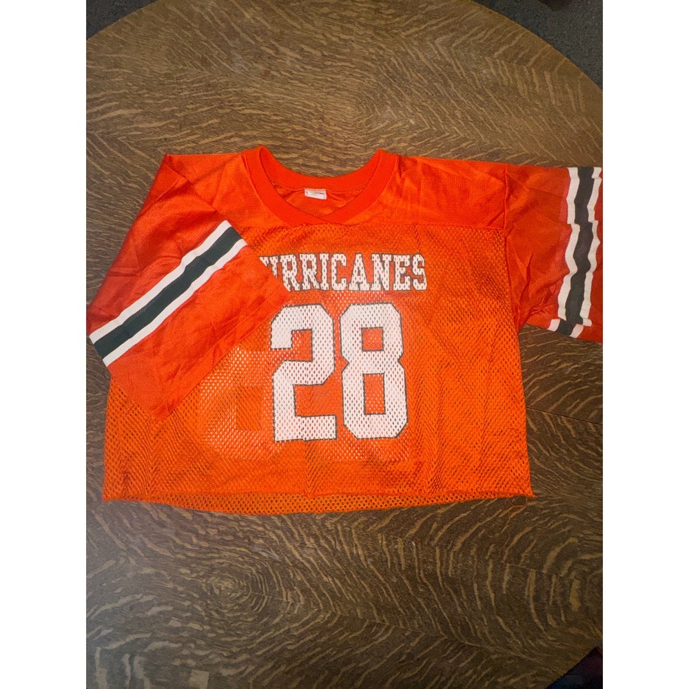 Vintage 80s Pride-Maker Hurricanes #28 Cropped Mesh Football Jersey Orange Sz L